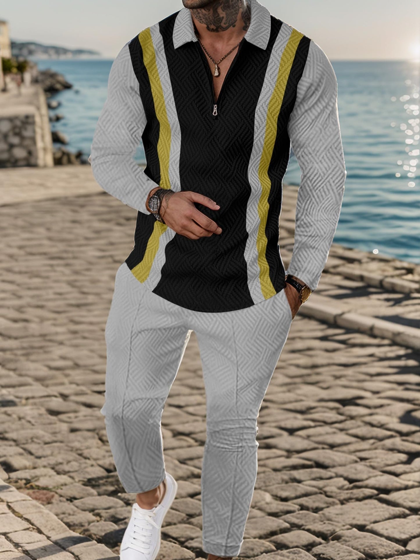 UOUA Mens 2 Piece Set Casual Outfits Polo Long Sleeve Shirt & Pants Track Suit Loungewear Athletic Sweatsuit