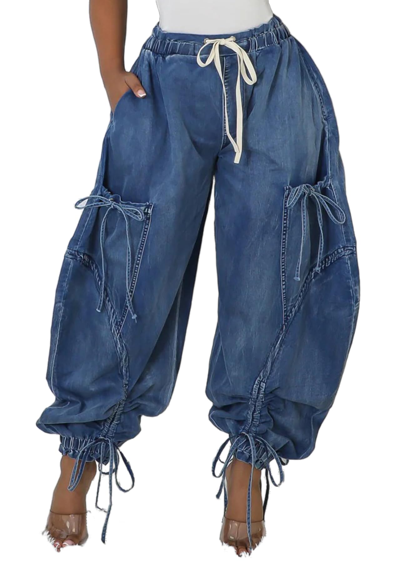 Women's Baggy Cargo Jogger Jeans Barrel High Waisted Wide Leg Drawstring Y2K Loose Harem Denim Pants with Pockets