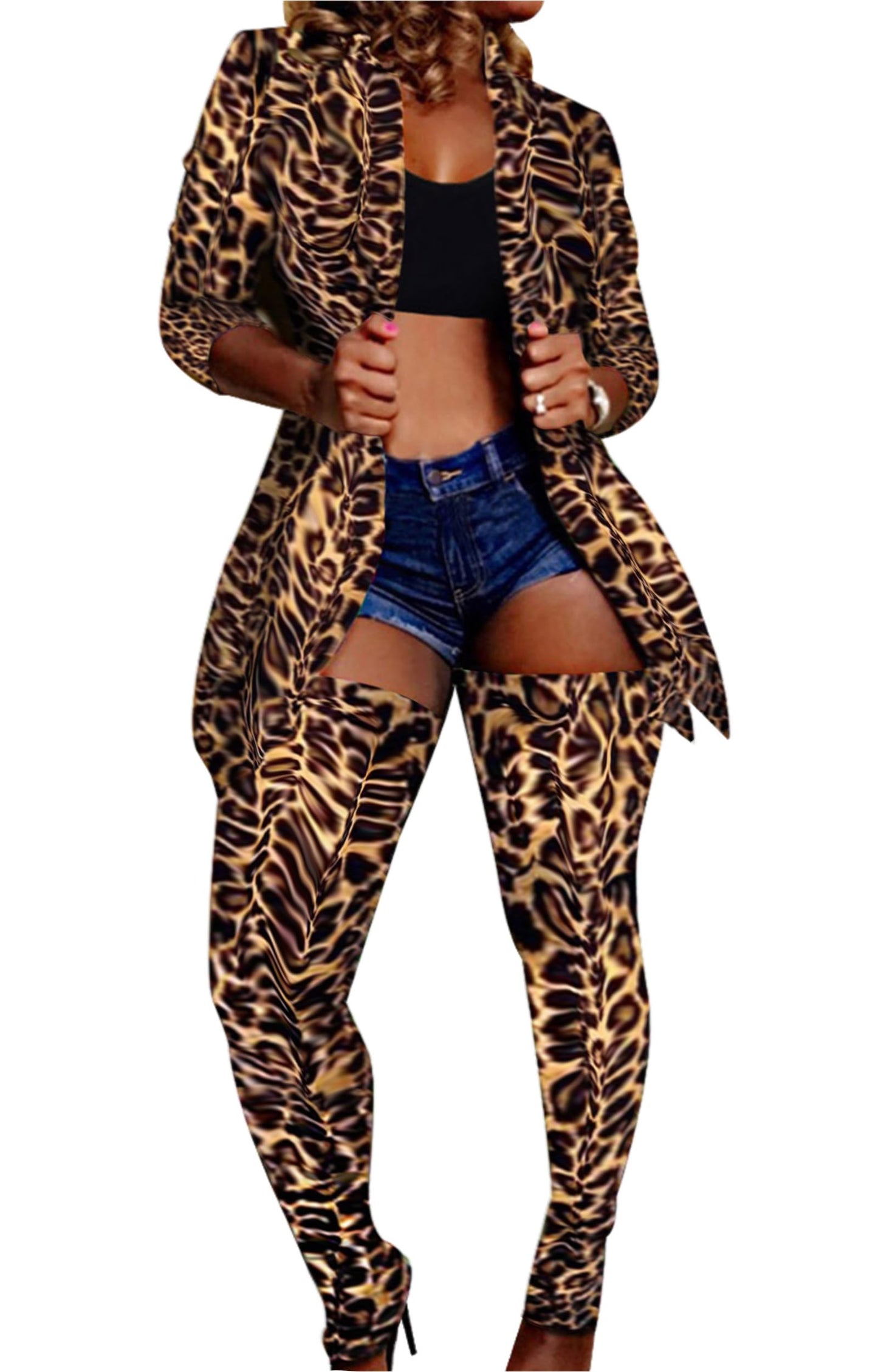 Lucuna Women's Sexy 2 Piece Club Outfits Open Front Blazer + Bodycon Pants Long Stockings Set