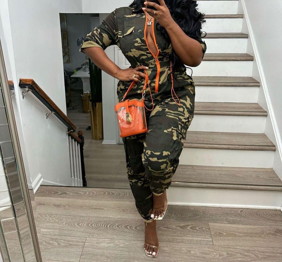 Women Casual Long Jumpsuits Camouflage Drawstring Waist One-Piece Camo Rompers with Pockets Sweatsuit Work Out Sets