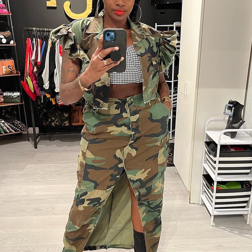 Womens Summer Cute Camo Button Down Cropped Jean Jacket Casual Lapel Outwear Denim Shirts Blouse Top