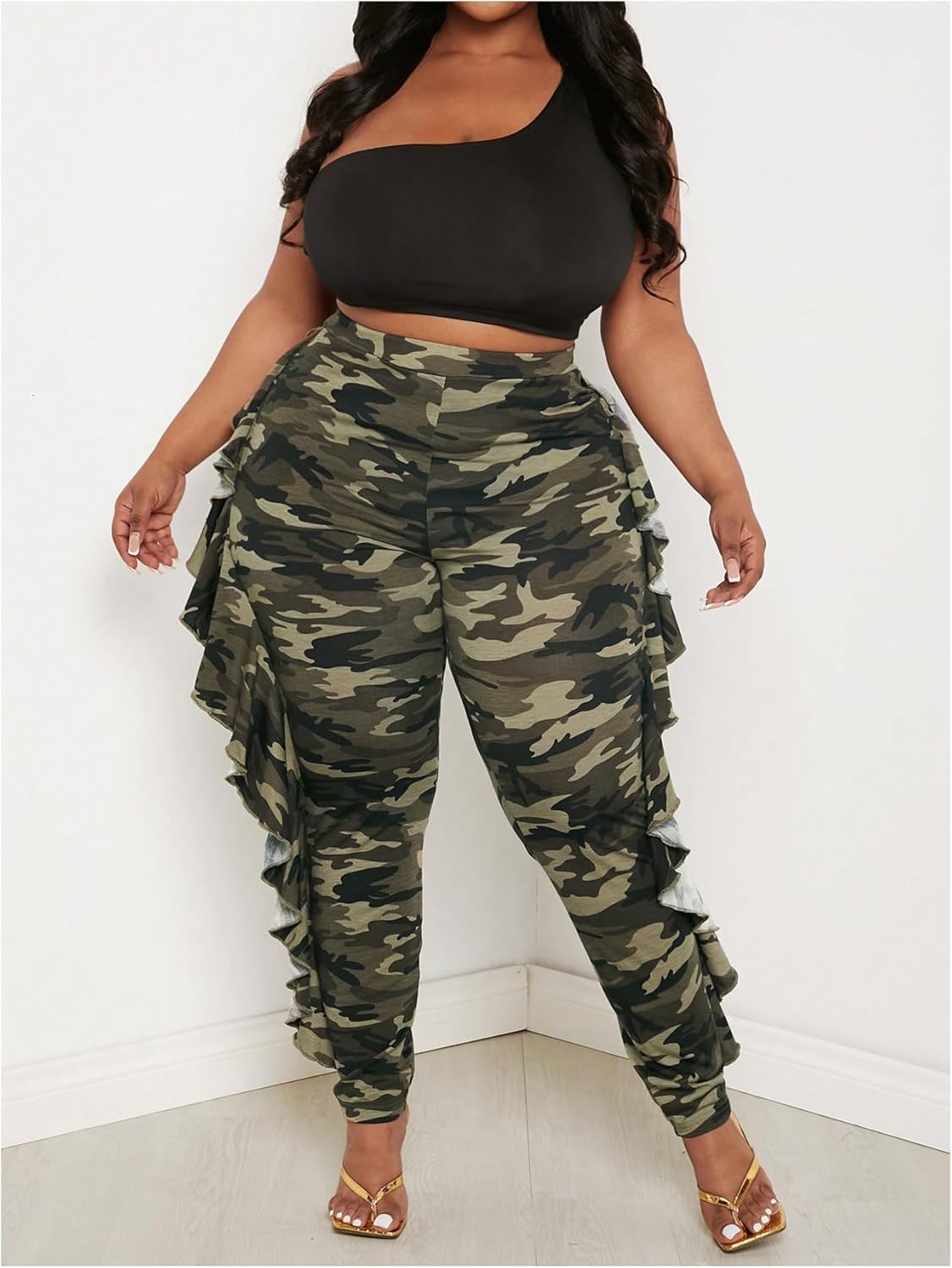 Women's Plus Size Ruffle Camouflage Pants High Waisted Leggings Casual Skinny Pants