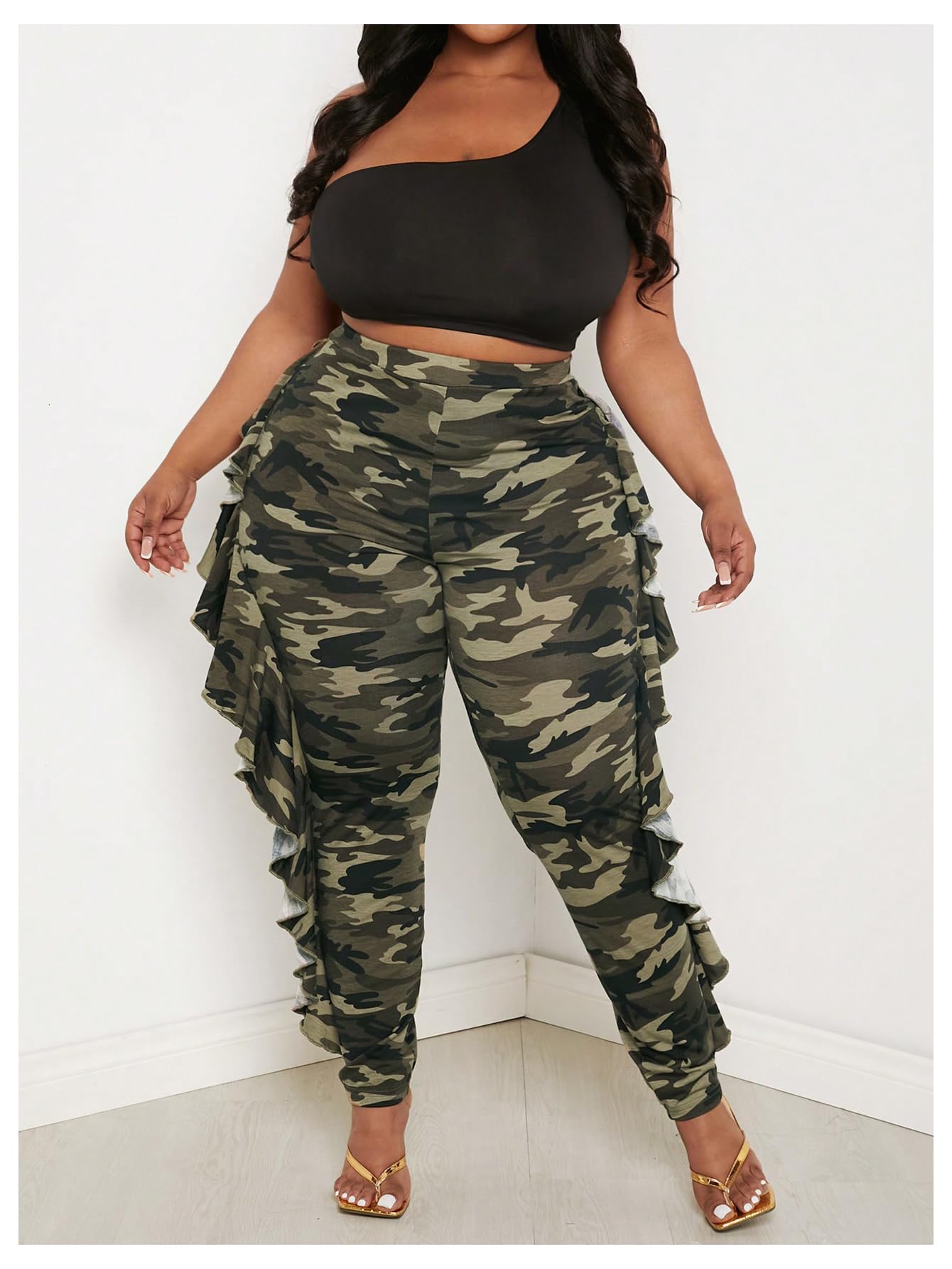 Women's Plus Size Ruffle Camouflage Pants High Waisted Leggings Casual Skinny Pants