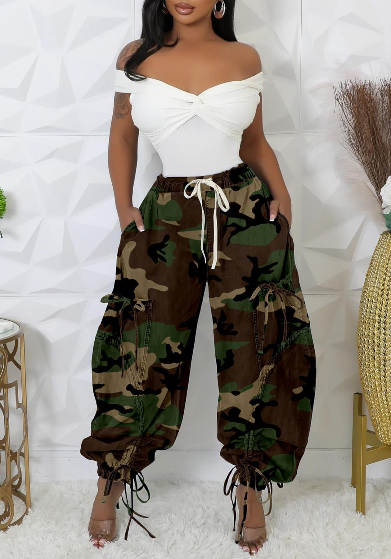 Women's Baggy Cargo Jogger Jeans Barrel High Waisted Wide Leg Drawstring Y2K Loose Harem Denim Pants with Pockets