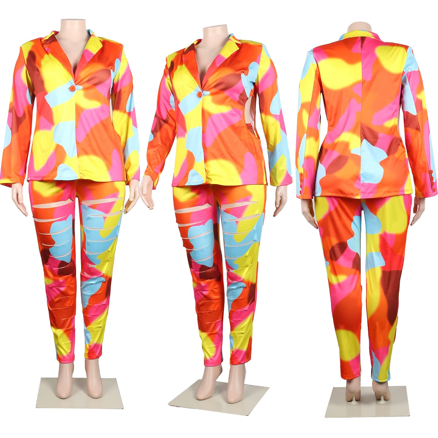 Lucuna Women's Sexy 2 Piece Club Outfits Open Front Blazer + Bodycon Pants Long Stockings Set