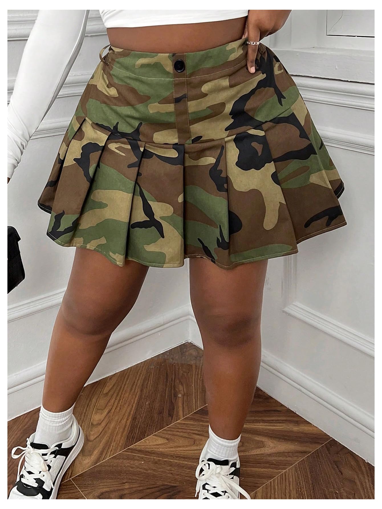 Floerns Women's Plus Size Camo Print Skirt Elastic Waist Pleated Hem Short Skirt