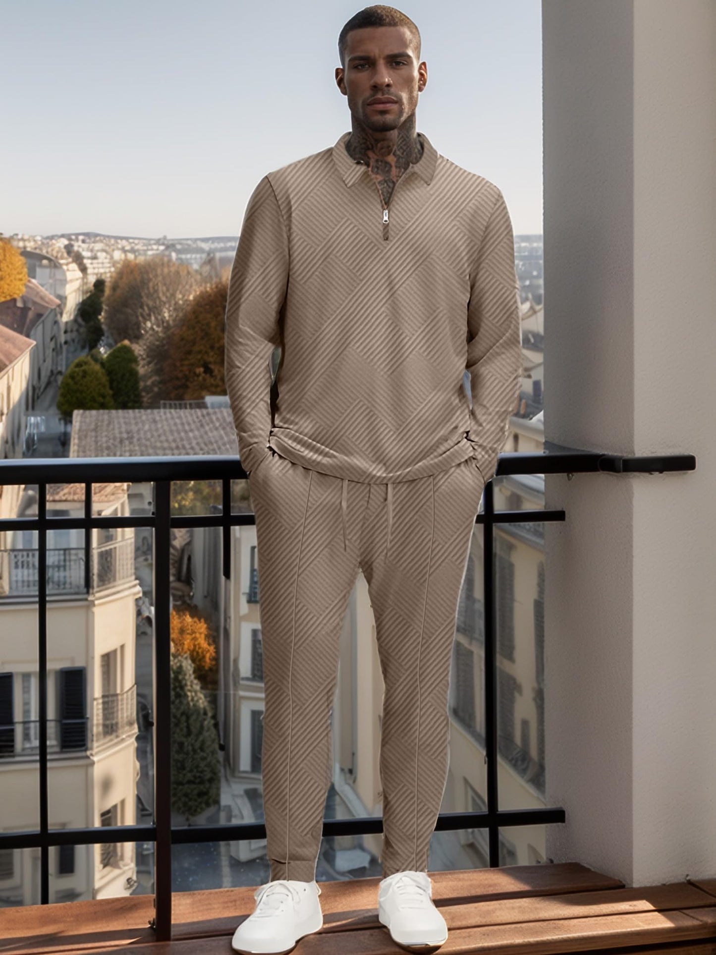 UOUA Mens 2 Piece Set Casual Outfits Polo Long Sleeve Shirt & Pants Track Suit Loungewear Athletic Sweatsuit