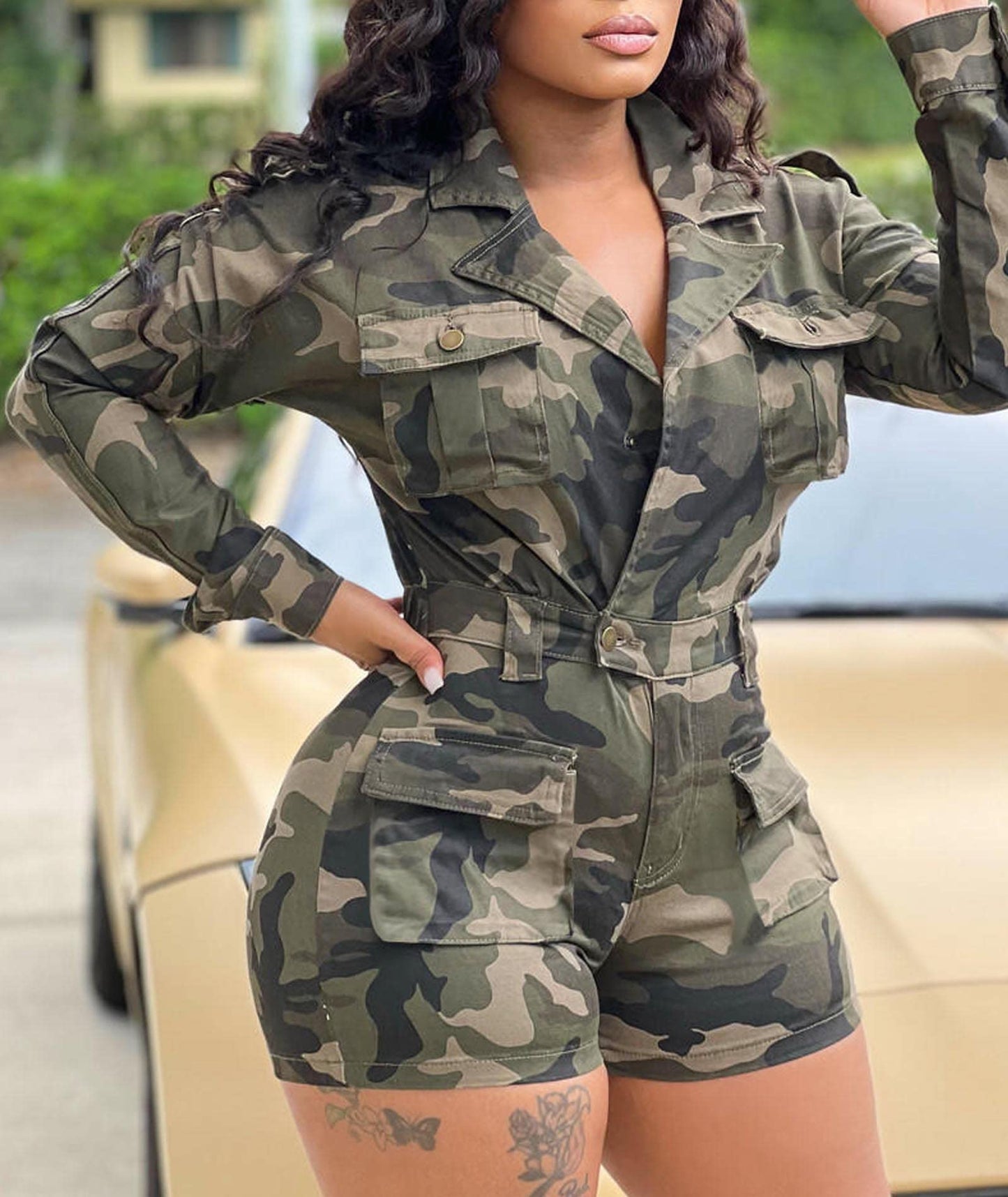xxxiticat Women's Short Sleeve Military Playsuits High Waist Camo Button Down Rompers Camouflage One Piece Jumpsuit