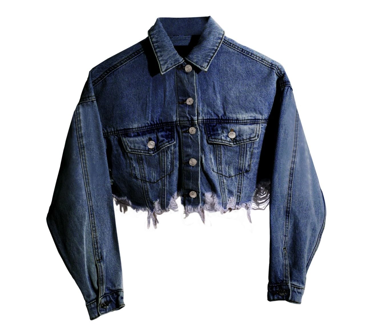 HTD Women's Cropped Jean Jacket Button Up Long Sleeve Ripped Distressed Denim Jacket Frayed Hem