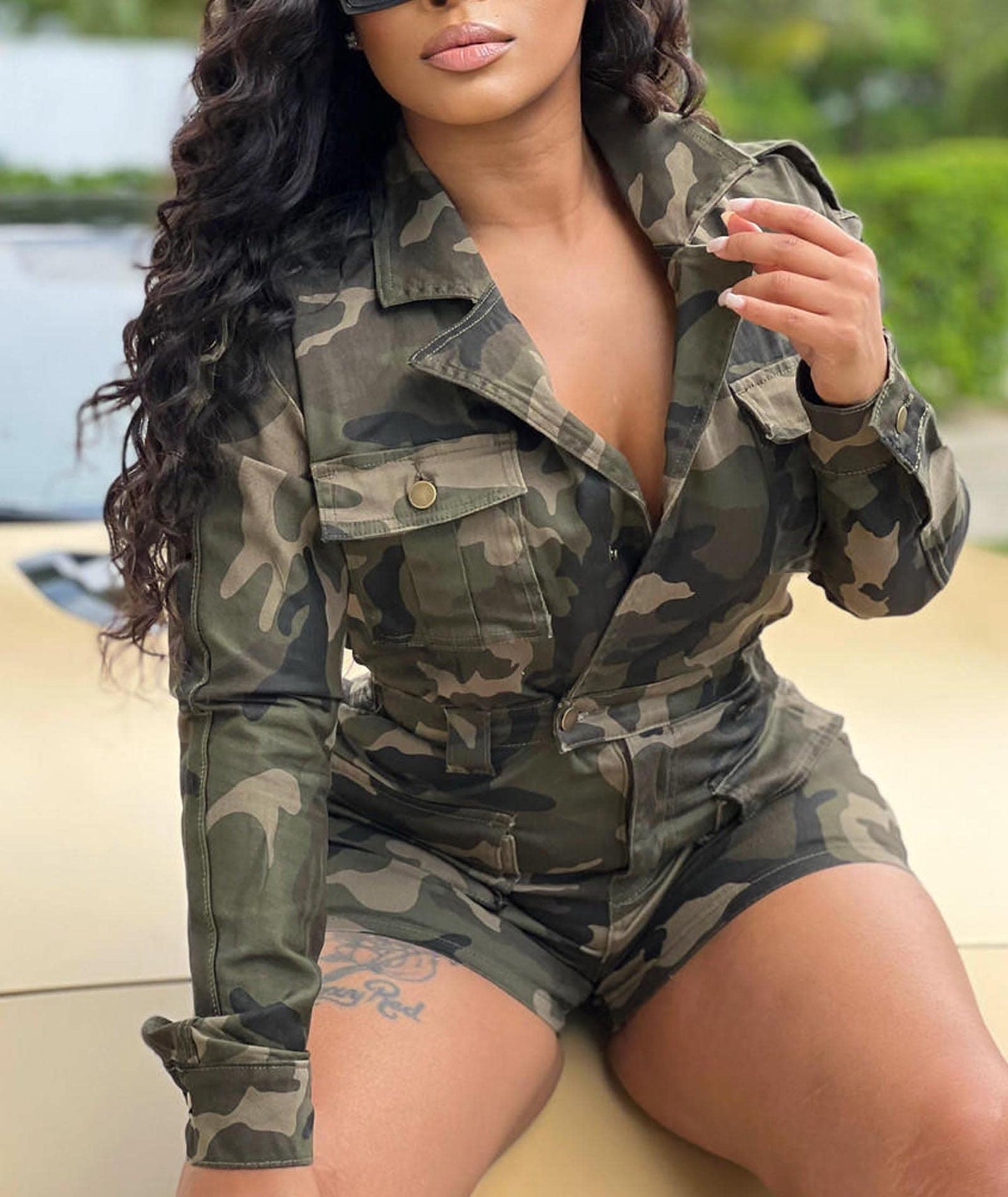 xxxiticat Women's Short Sleeve Military Playsuits High Waist Camo Button Down Rompers Camouflage One Piece Jumpsuit