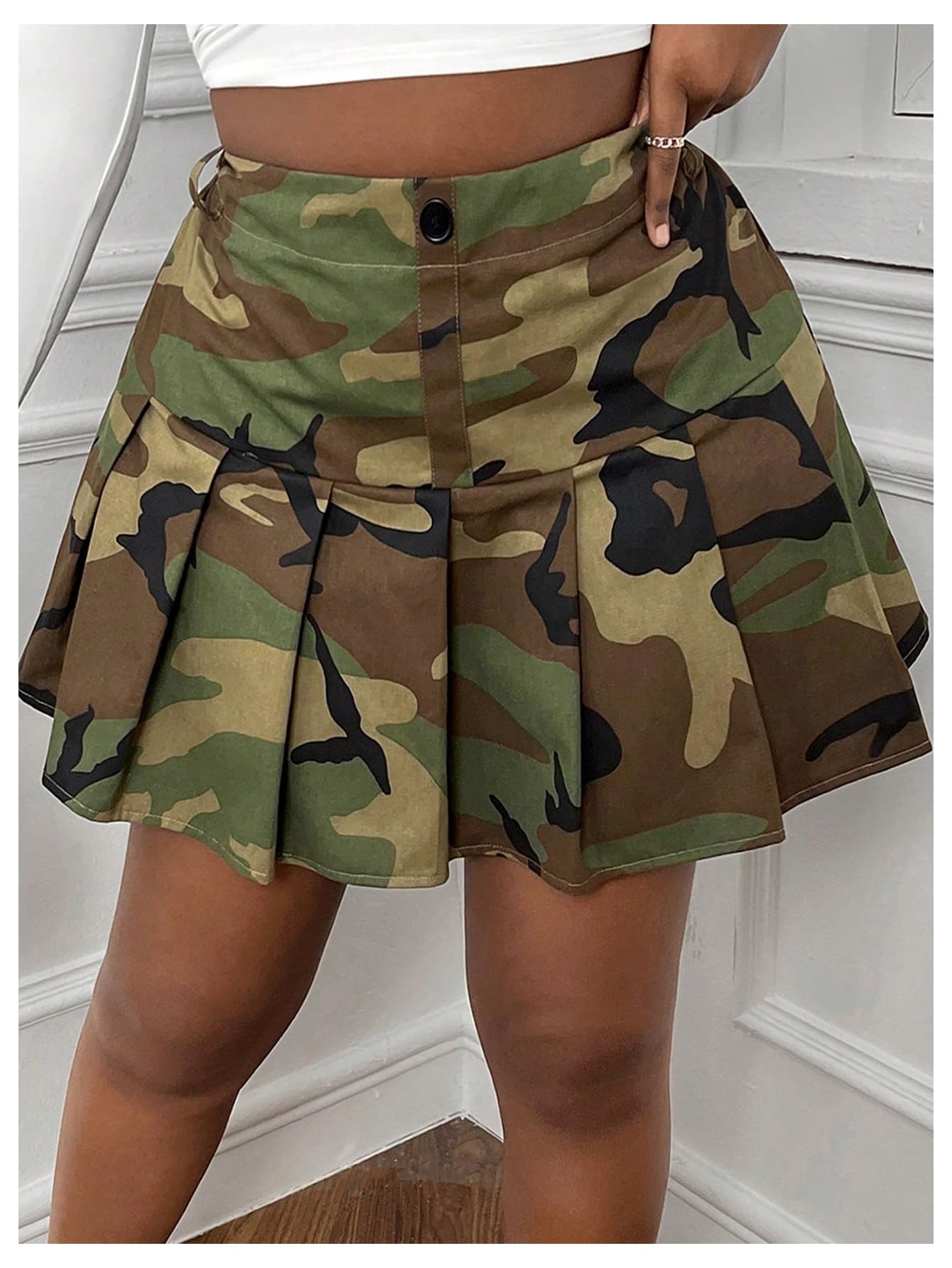 Floerns Women's Plus Size Camo Print Skirt Elastic Waist Pleated Hem Short Skirt