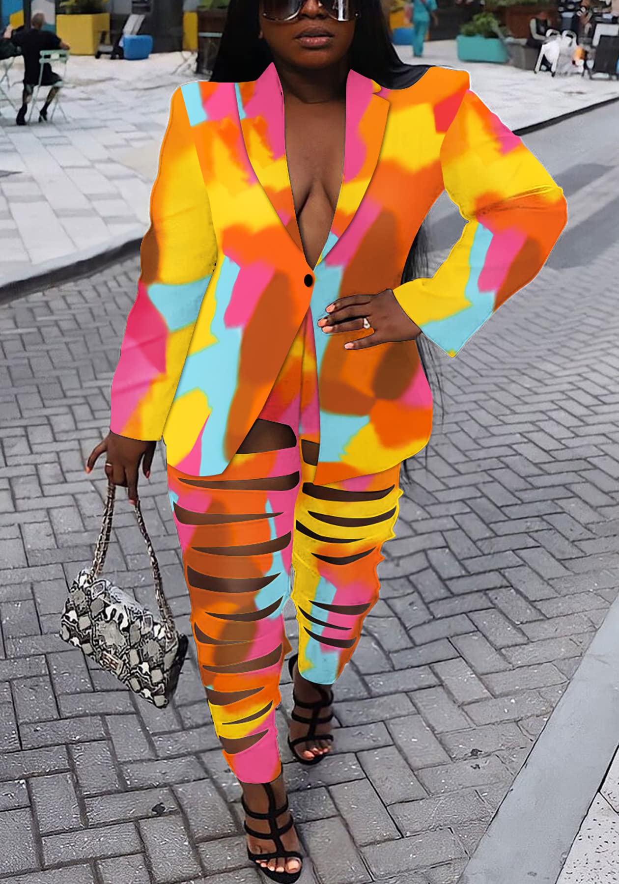 Lucuna Women's Sexy 2 Piece Club Outfits Open Front Blazer + Bodycon Pants Long Stockings Set