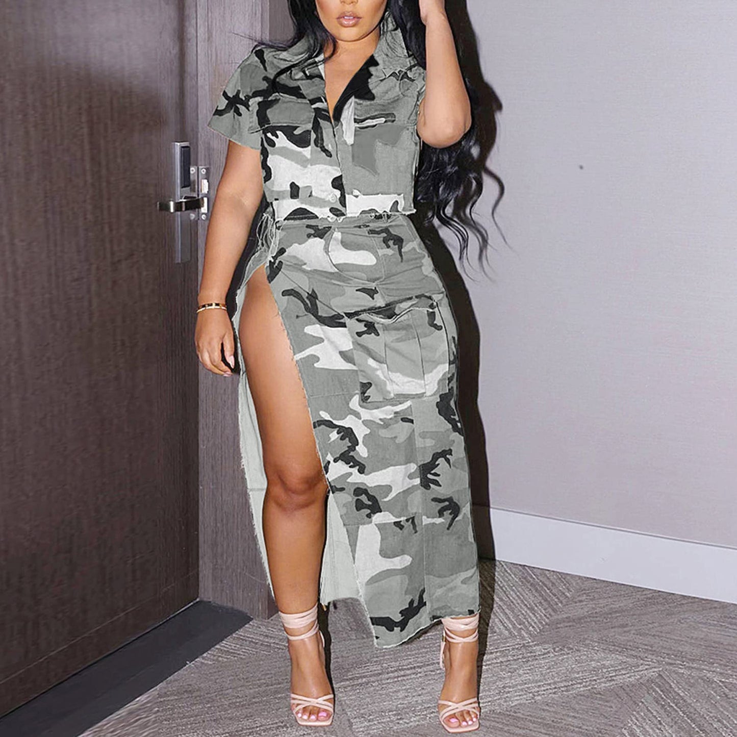 DINGANG Women's 2024 Summer Two Piece Dresses Camouflage Short Sleeve Top + High Waist Split Skirts Sets Trendy