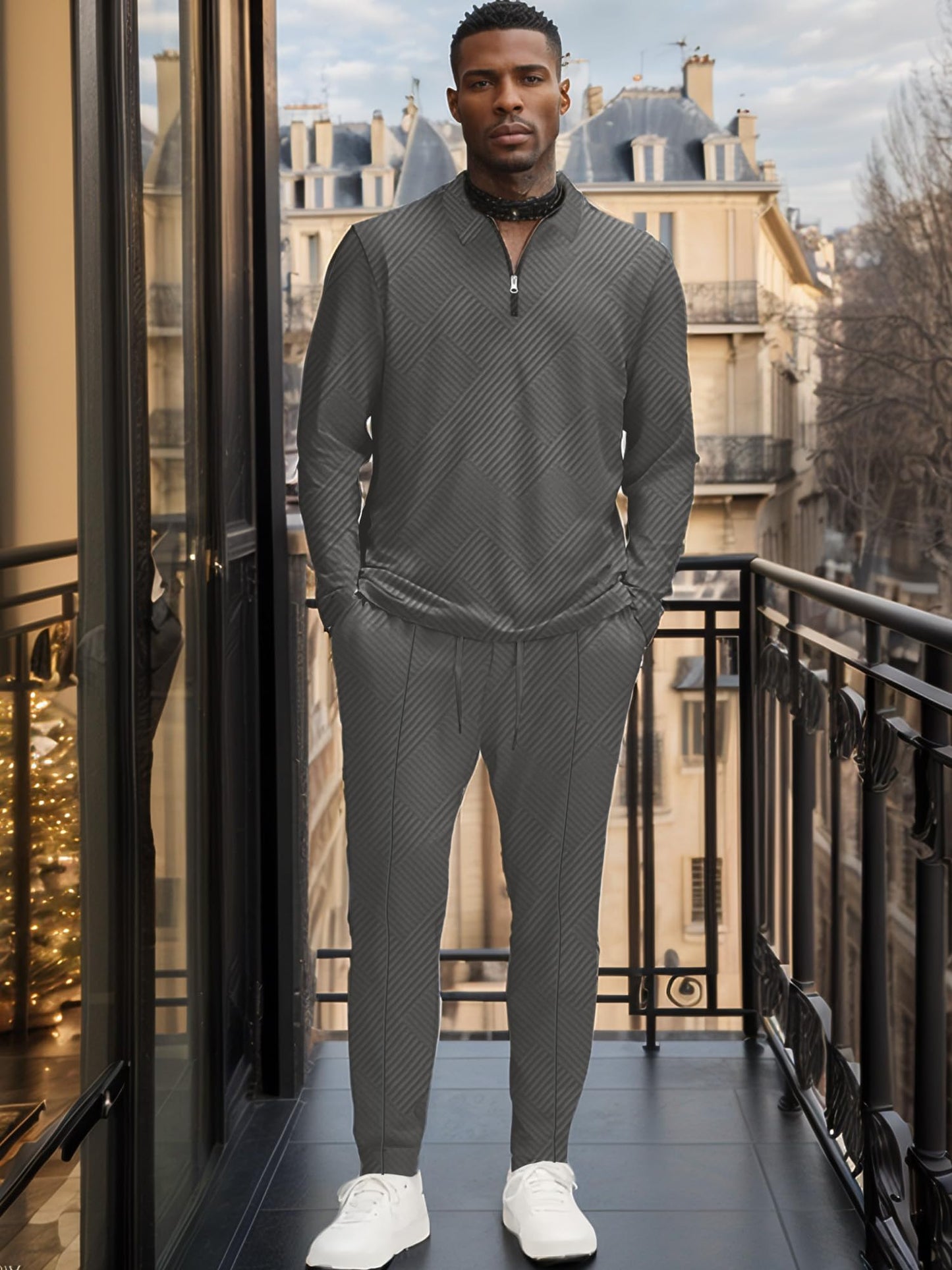 UOUA Mens 2 Piece Set Casual Outfits Polo Long Sleeve Shirt & Pants Track Suit Loungewear Athletic Sweatsuit