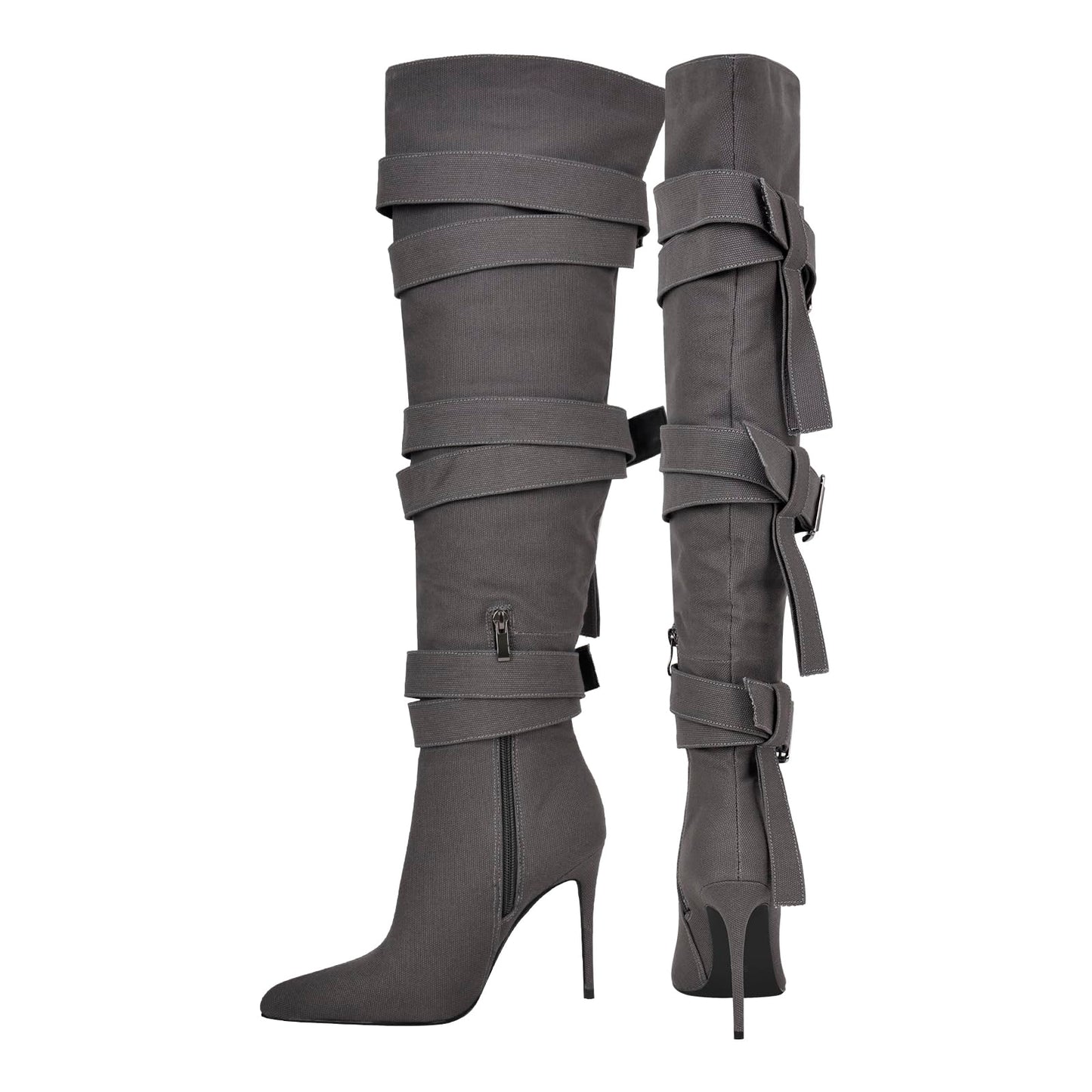 richealnini Women's Thigh High Boots with Straps Canvas Stiletto Heel Sexy Pointed Toe Party Riding Boots