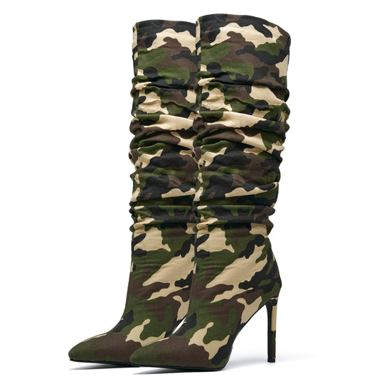 Women's Camo Knee High Boots Slouch High Heels Boots Pointed Stiletto Casual Pull-On Tall Boot Party Dress Shoes