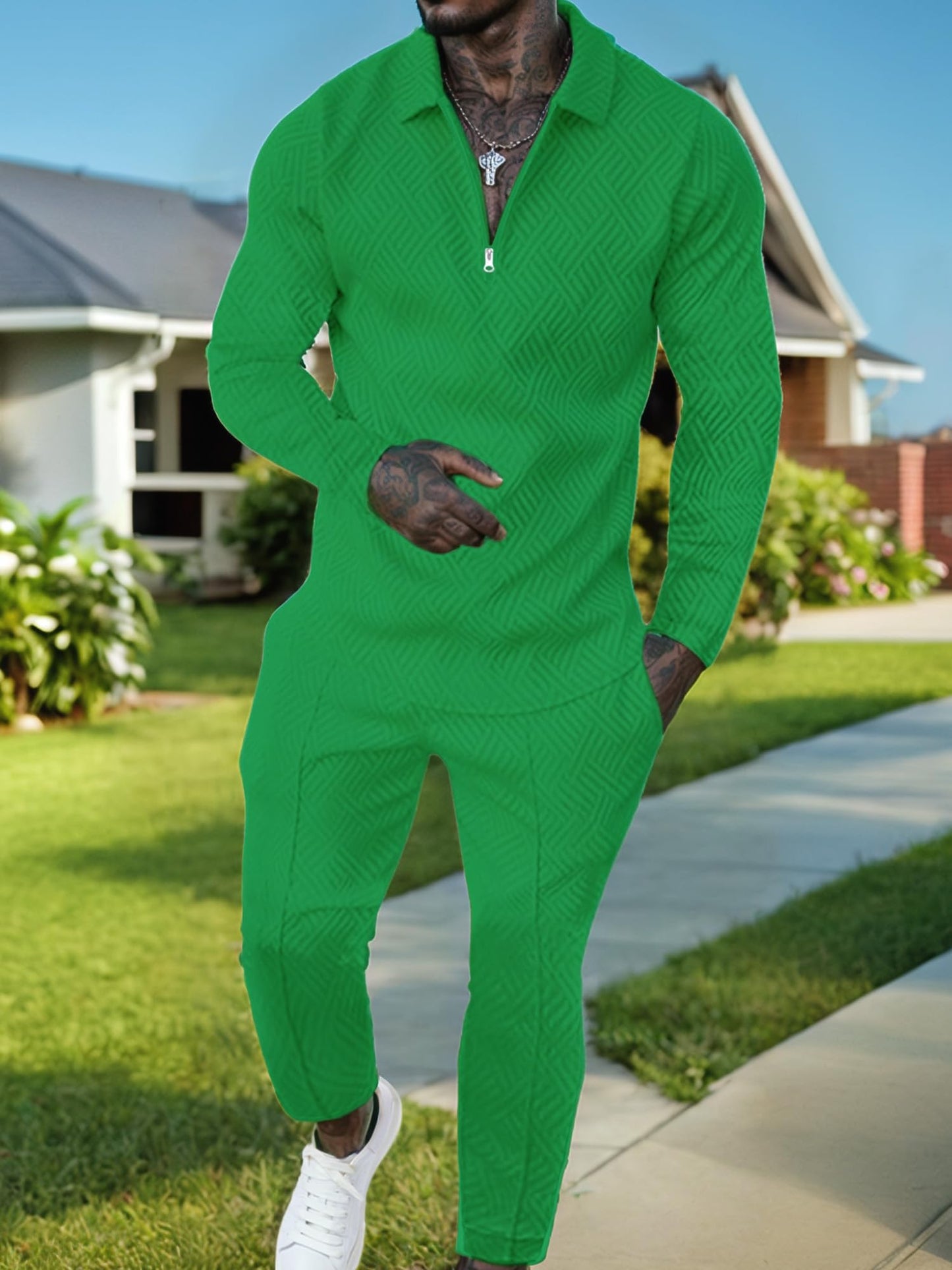 UOUA Mens 2 Piece Set Casual Outfits Polo Long Sleeve Shirt & Pants Track Suit Loungewear Athletic Sweatsuit