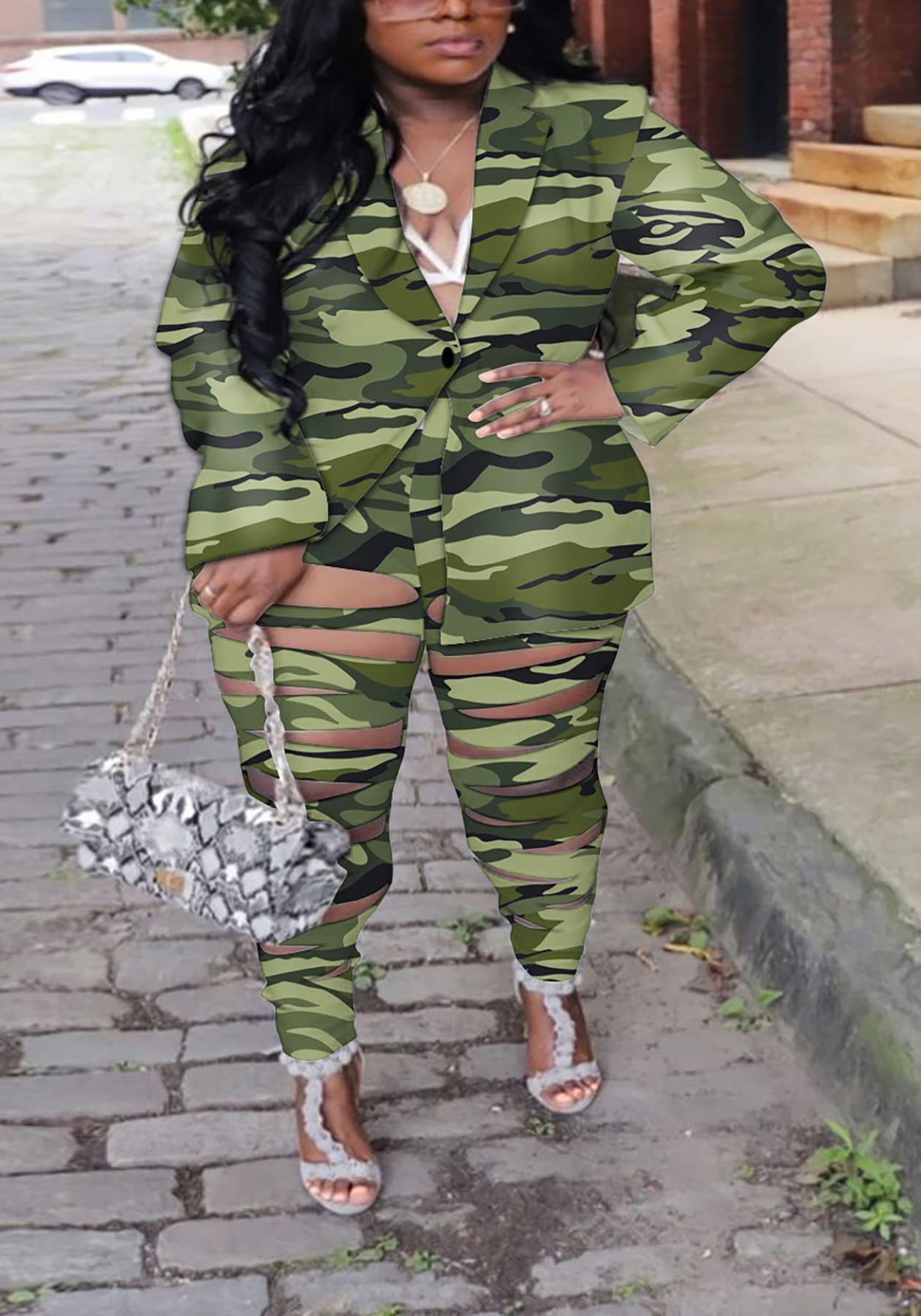 Lucuna Women's Sexy 2 Piece Club Outfits Open Front Blazer + Bodycon Pants Long Stockings Set