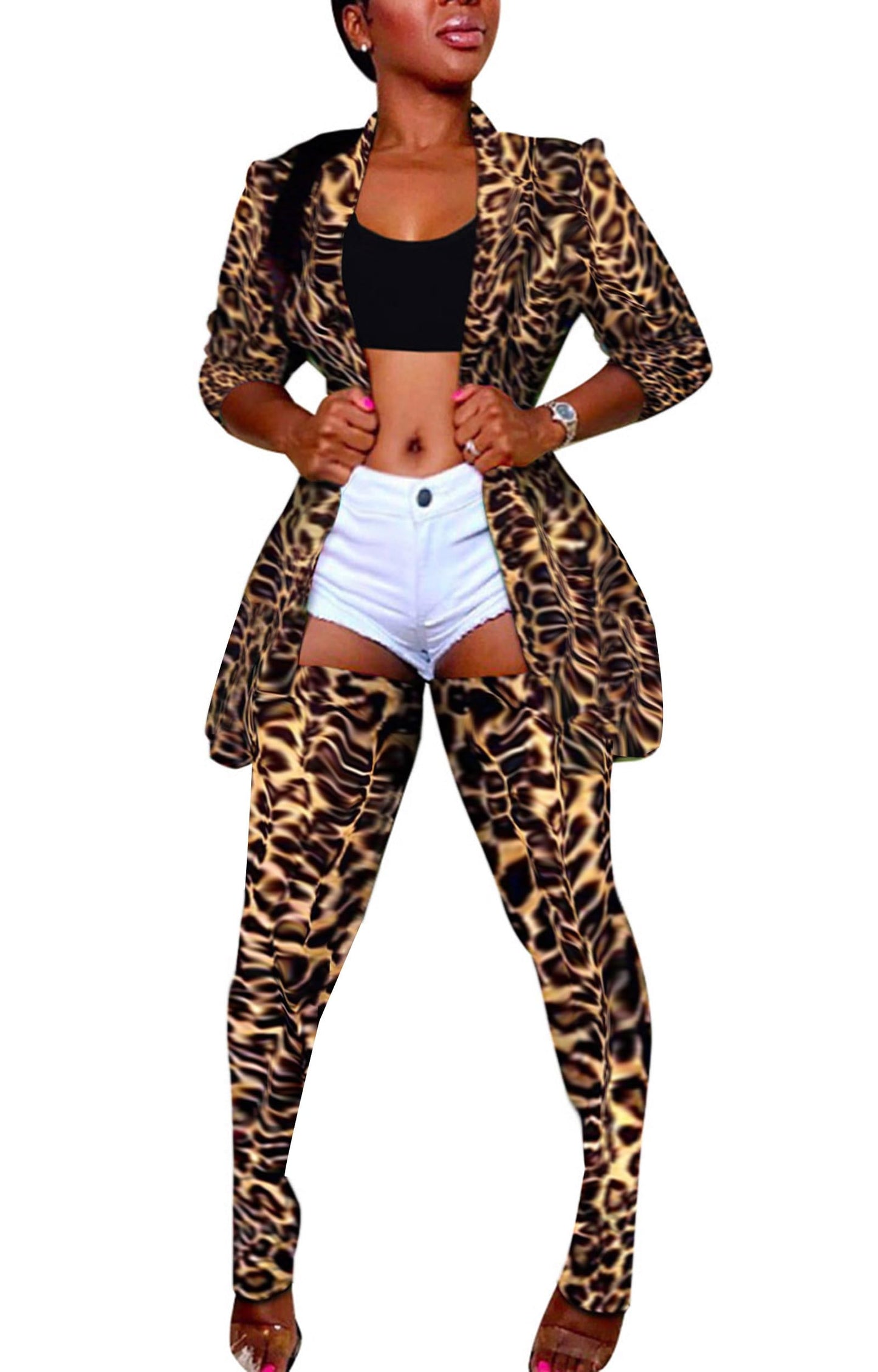 Lucuna Women's Sexy 2 Piece Club Outfits Open Front Blazer + Bodycon Pants Long Stockings Set