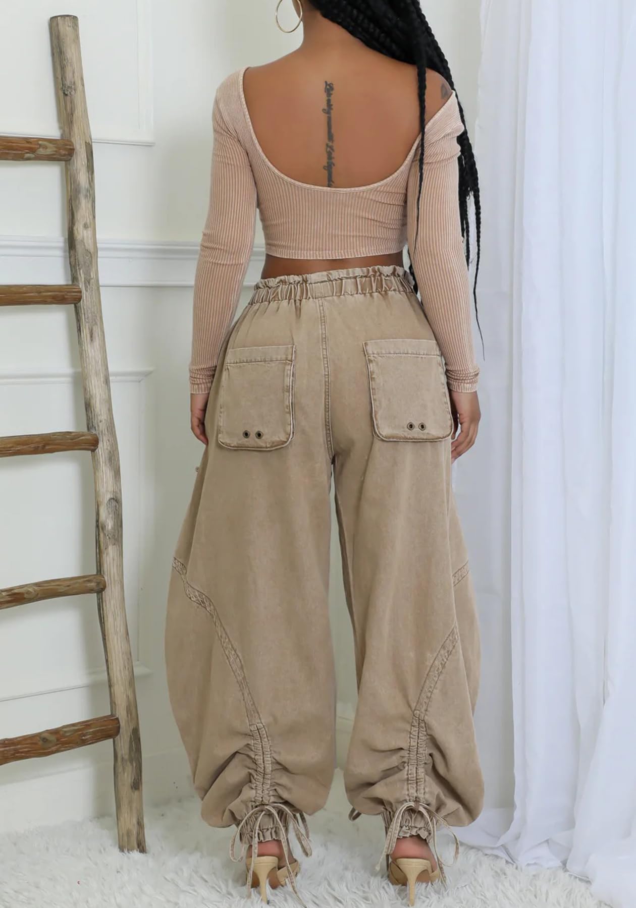 Women's Baggy Cargo Jogger Jeans Barrel High Waisted Wide Leg Drawstring Y2K Loose Harem Denim Pants with Pockets