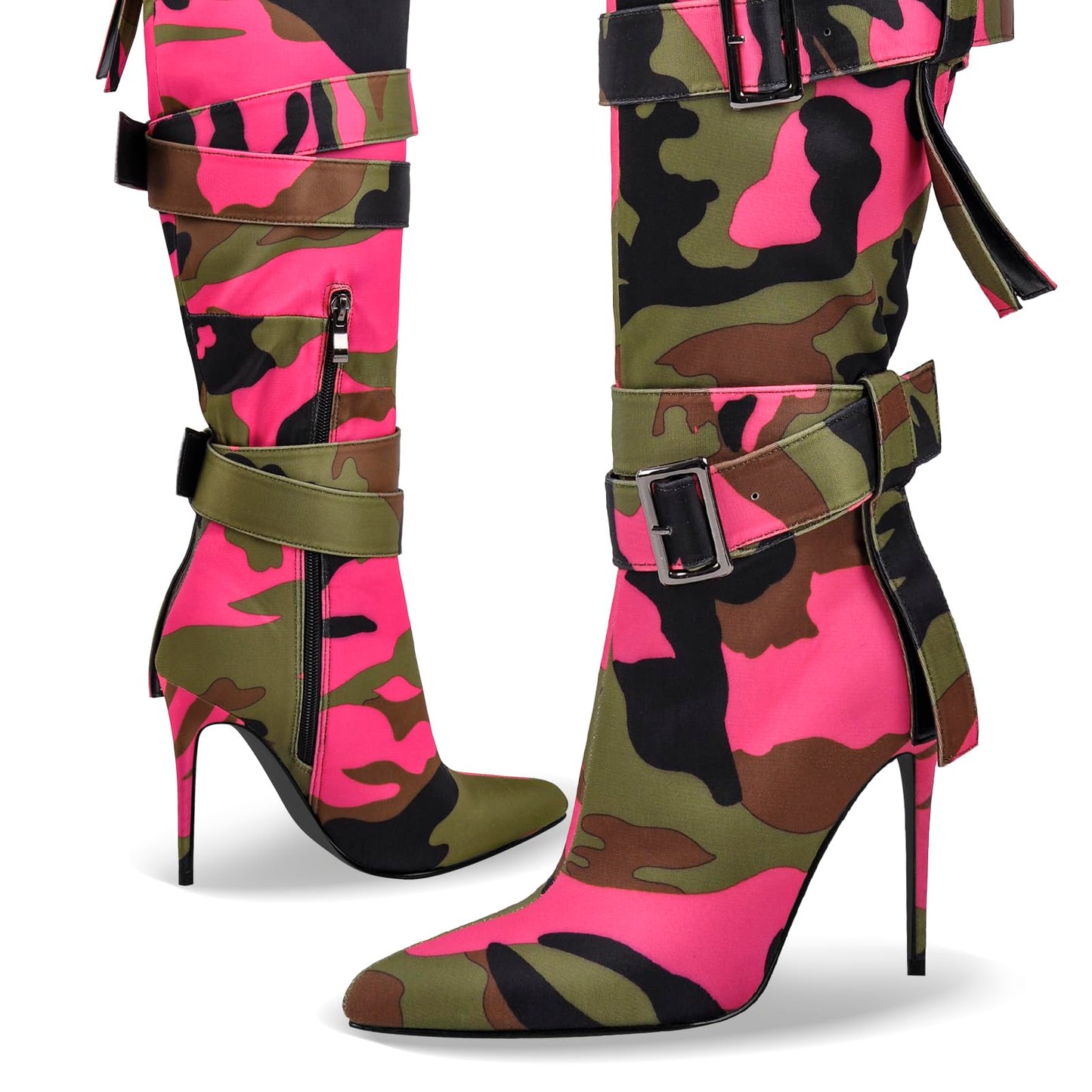 richealnini Women's Thigh High Boots with Straps Canvas Stiletto Heel Sexy Pointed Toe Party Riding Boots