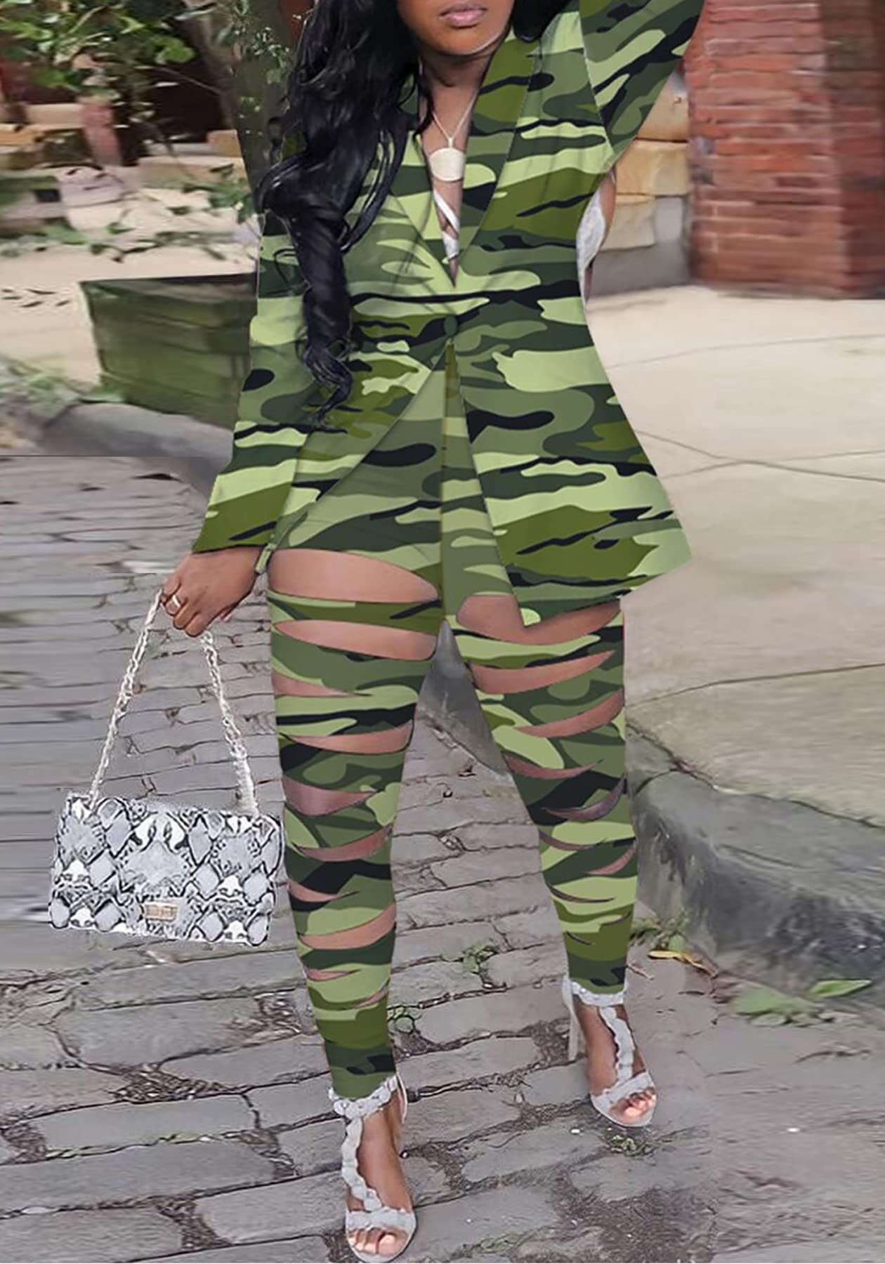 Lucuna Women's Sexy 2 Piece Club Outfits Open Front Blazer + Bodycon Pants Long Stockings Set