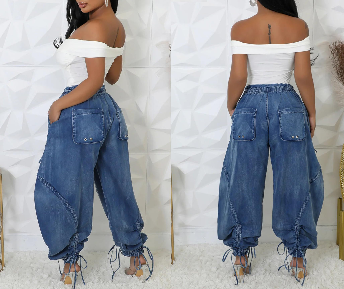 Women's Baggy Cargo Jogger Jeans Barrel High Waisted Wide Leg Drawstring Y2K Loose Harem Denim Pants with Pockets