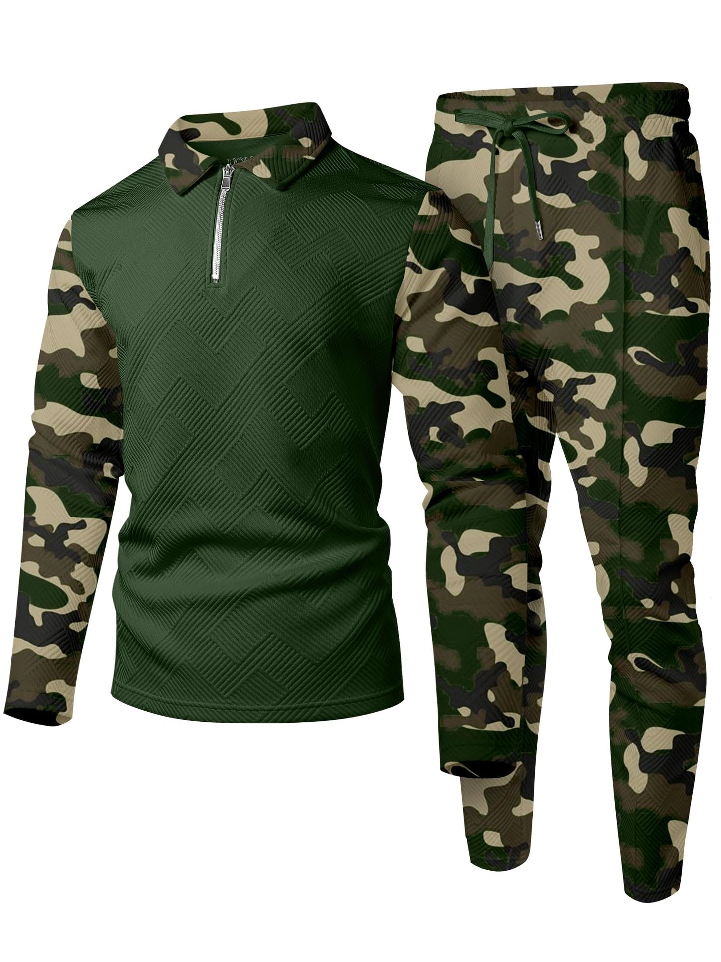 UOUA Mens 2 Piece Set Casual Outfits Polo Long Sleeve Shirt & Pants Track Suit Loungewear Athletic Sweatsuit