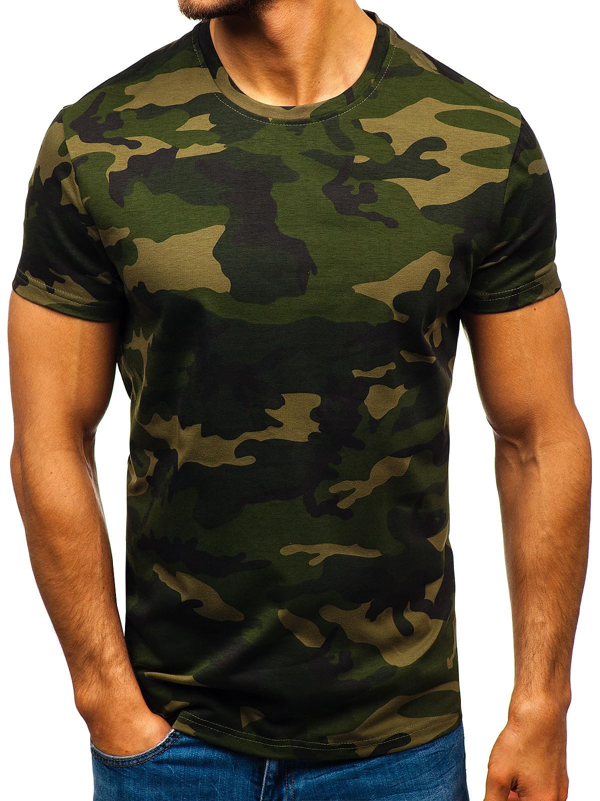 Men's Camouflage T-Shirt Sports Fitness Short Sleeve Military Camo Crewneck Vintage Shirt