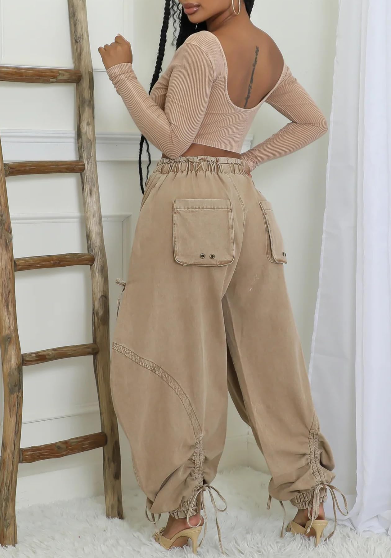 Women's Baggy Cargo Jogger Jeans Barrel High Waisted Wide Leg Drawstring Y2K Loose Harem Denim Pants with Pockets