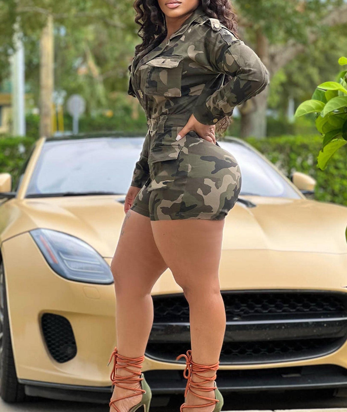 xxxiticat Women's Short Sleeve Military Playsuits High Waist Camo Button Down Rompers Camouflage One Piece Jumpsuit