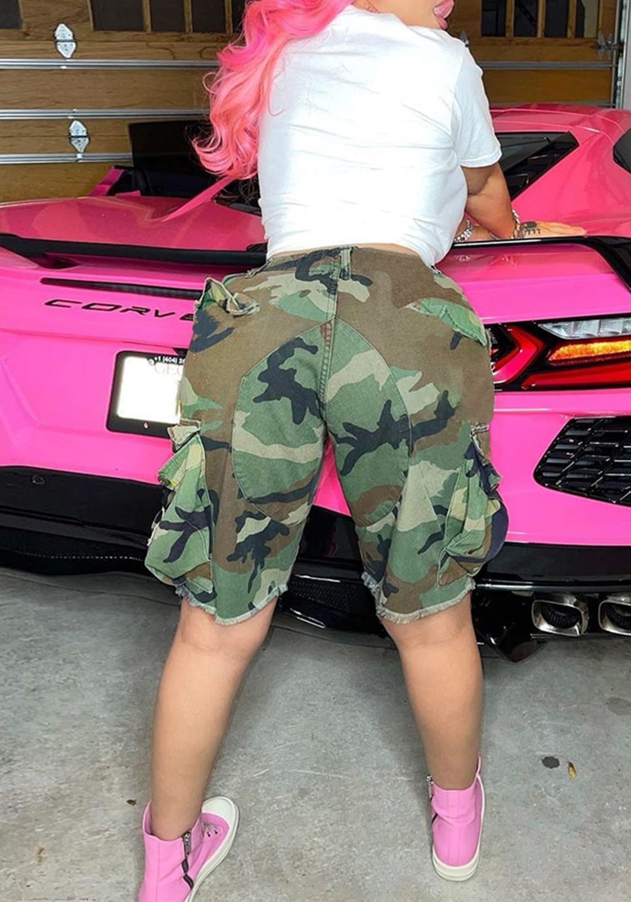 HuiSiFang Womens Camo Cargo Shorts Elastic High Waist Loose Fit Casual Shorts with Pockets