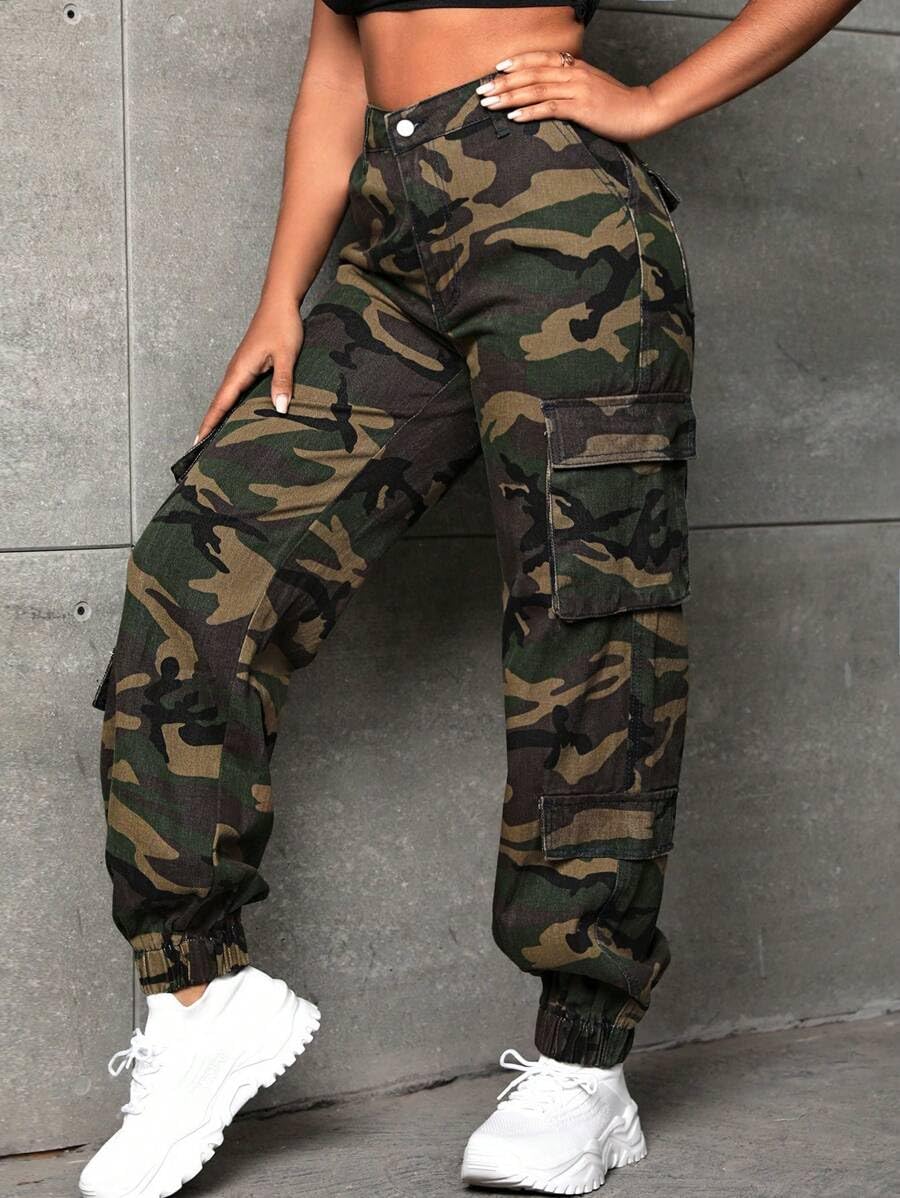 Women's Cargo Jogger Camo Pants with Pockets High Waist Slim Casual Tapered Camouflage Combat Hiking Pants