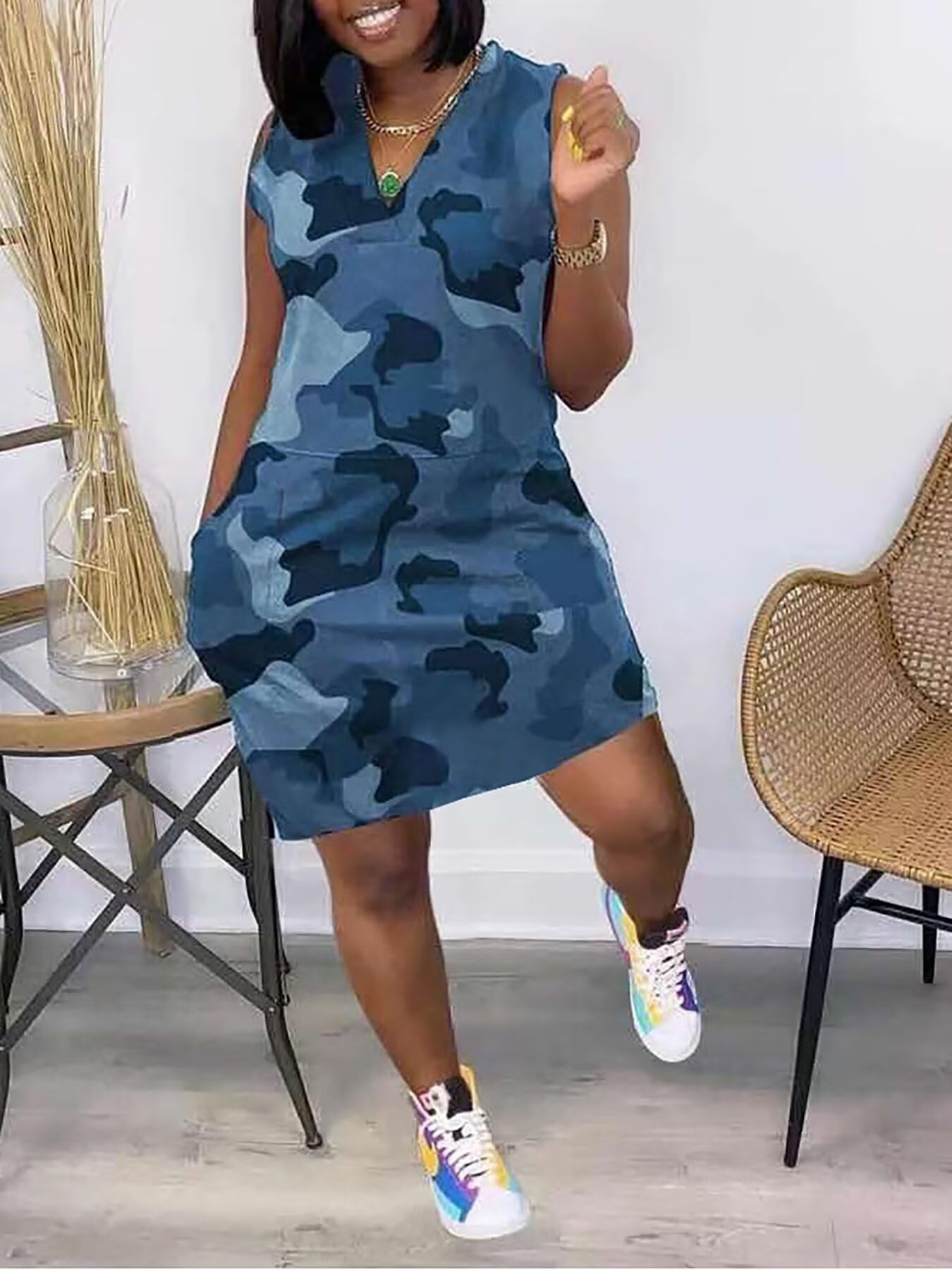 Camouflage Dress for Women Casual Sleeveless V Neck Sundress Cargo Mini Dresses with Pockets