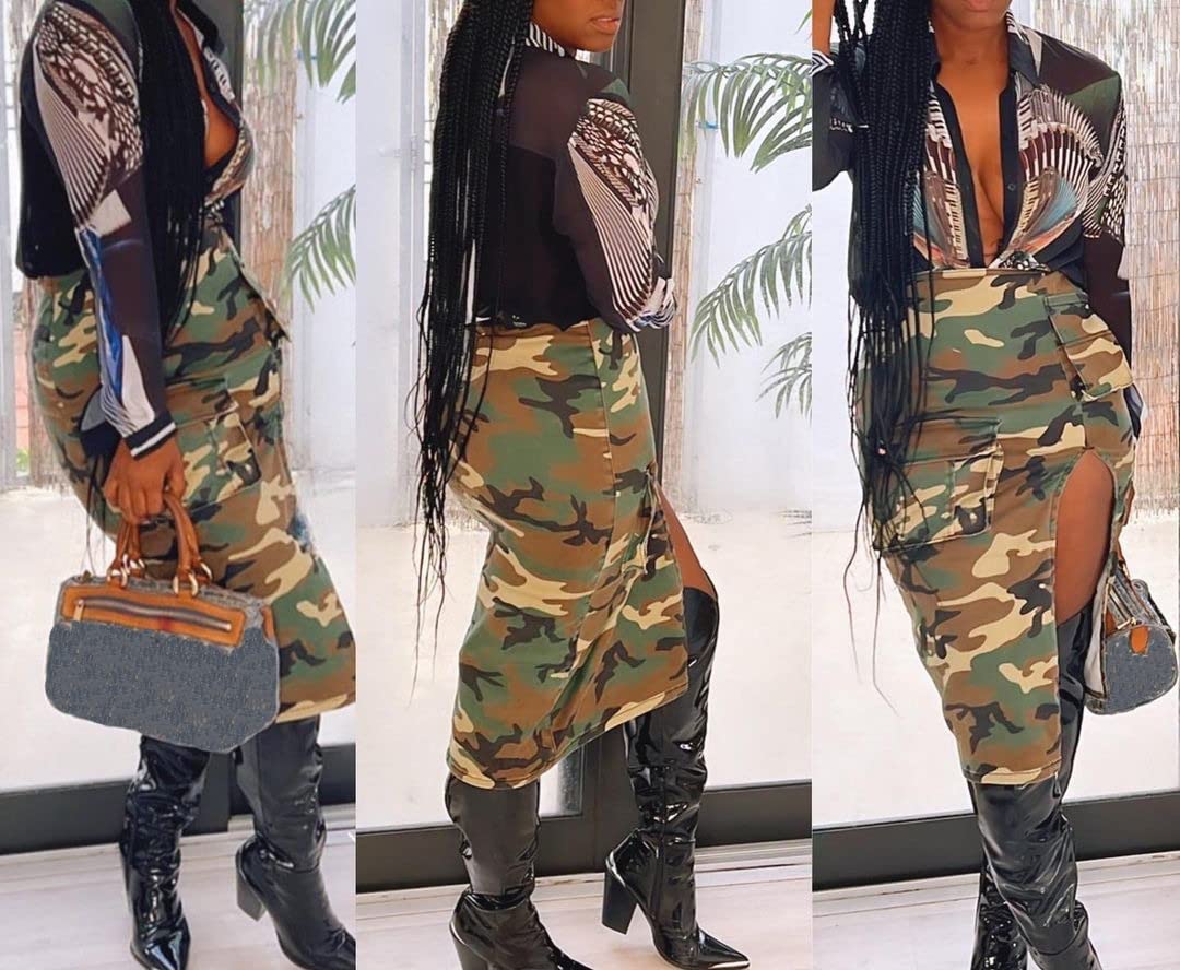 Vakkest Women's Camo Cargo Midi Skirt Elegant High Waist Vintage Dress Slit Front Ruffle Long Bodycon Maxi Skirts