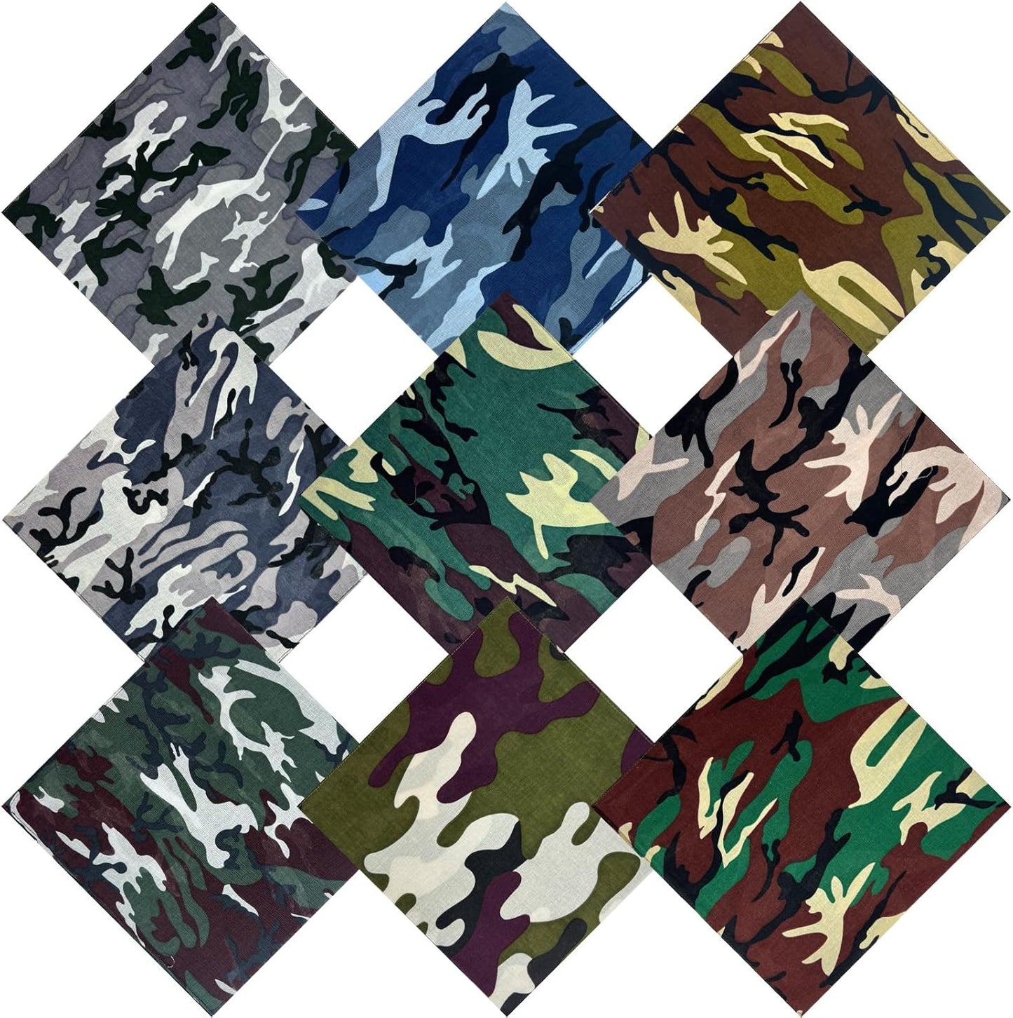 9 Pack Camo Bandanas Cotton Headwraps Wristband Sports Face Cover for Running Cycling Hiking, 22" × 22"