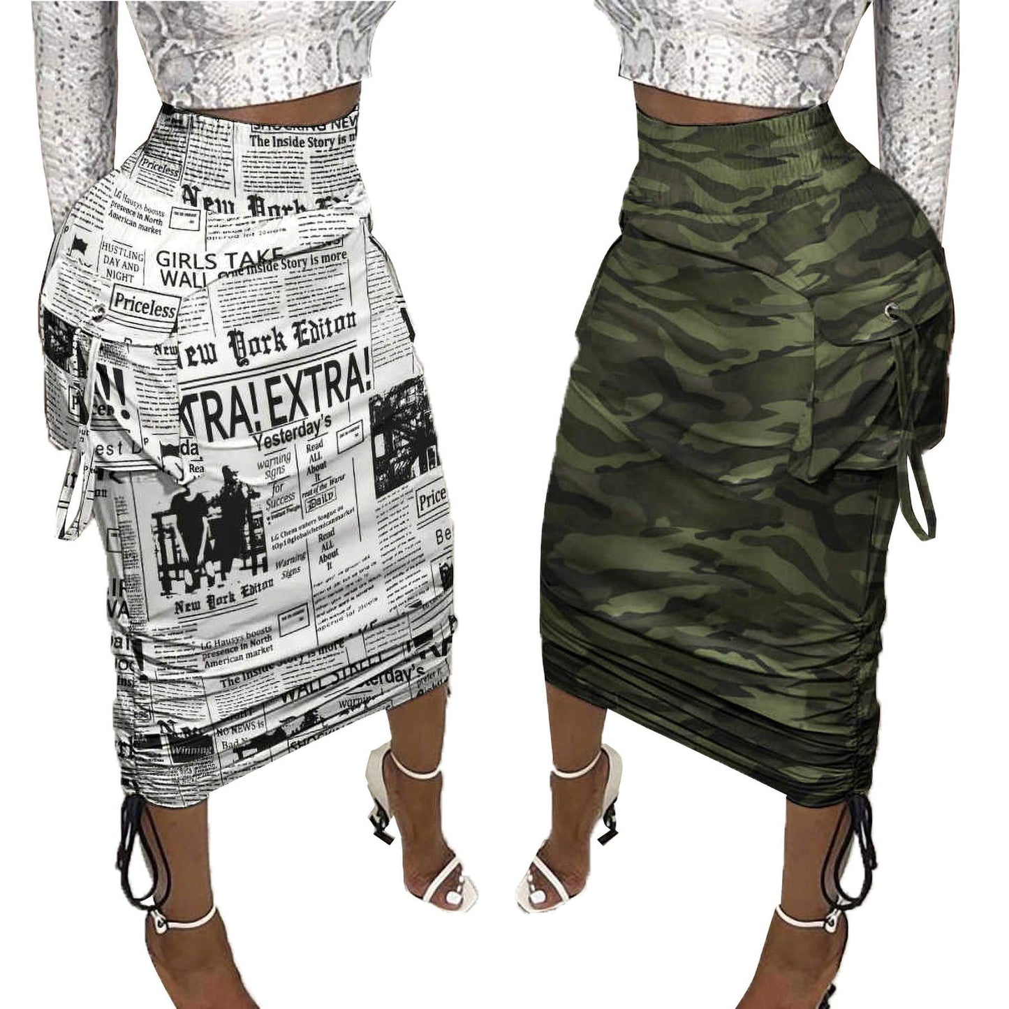 Vakkest Women's Camo Cargo Midi Skirt Elegant High Waist Vintage Dress Slit Front Ruffle Long Bodycon Maxi Skirts