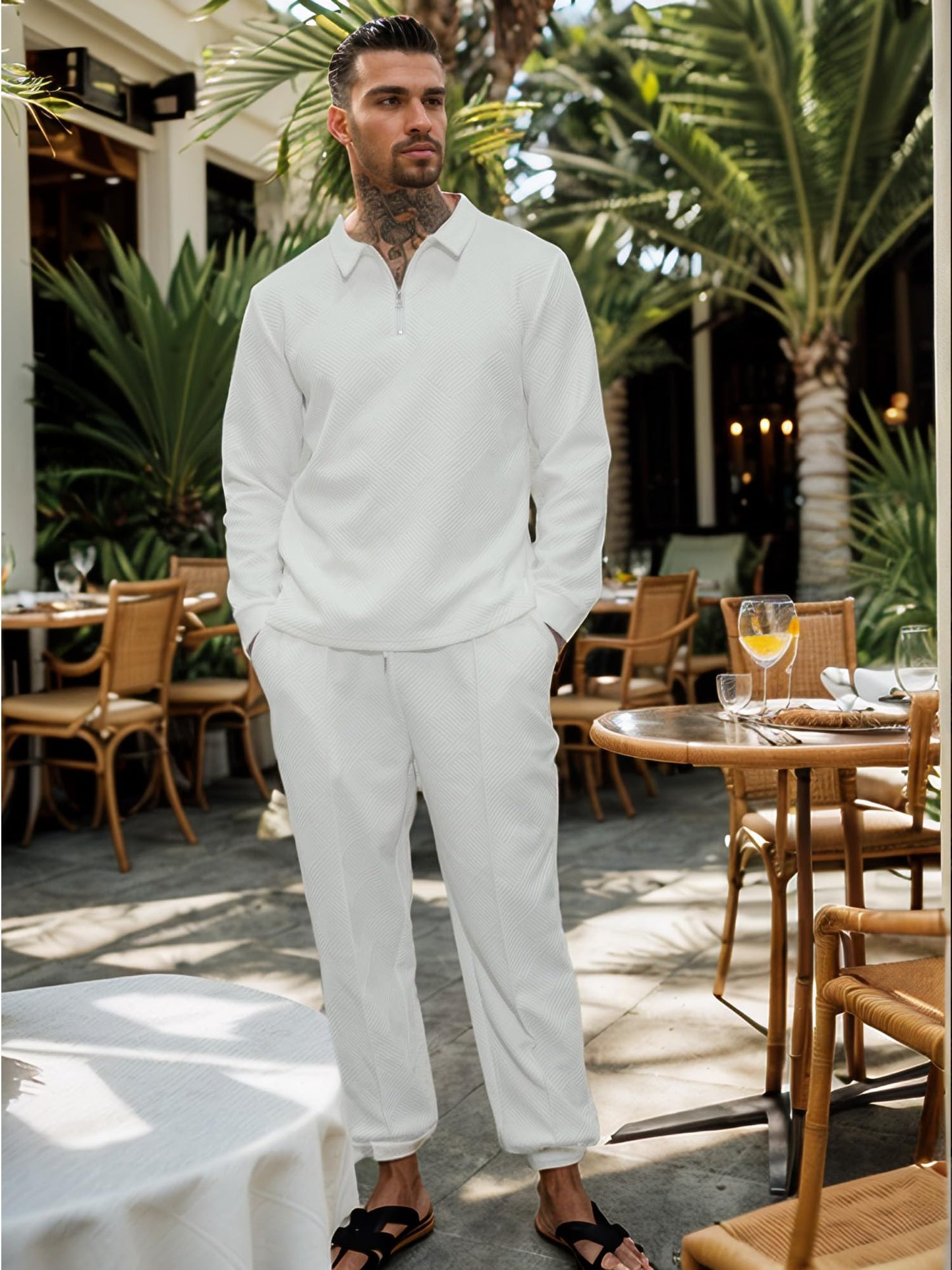 UOUA Mens 2 Piece Set Casual Outfits Polo Long Sleeve Shirt & Pants Track Suit Loungewear Athletic Sweatsuit