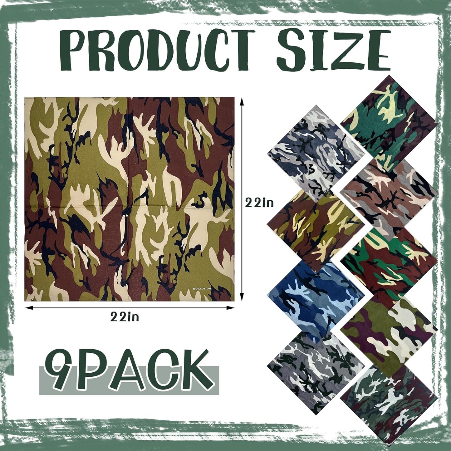 9 Pack Camo Bandanas Cotton Headwraps Wristband Sports Face Cover for Running Cycling Hiking, 22" × 22"