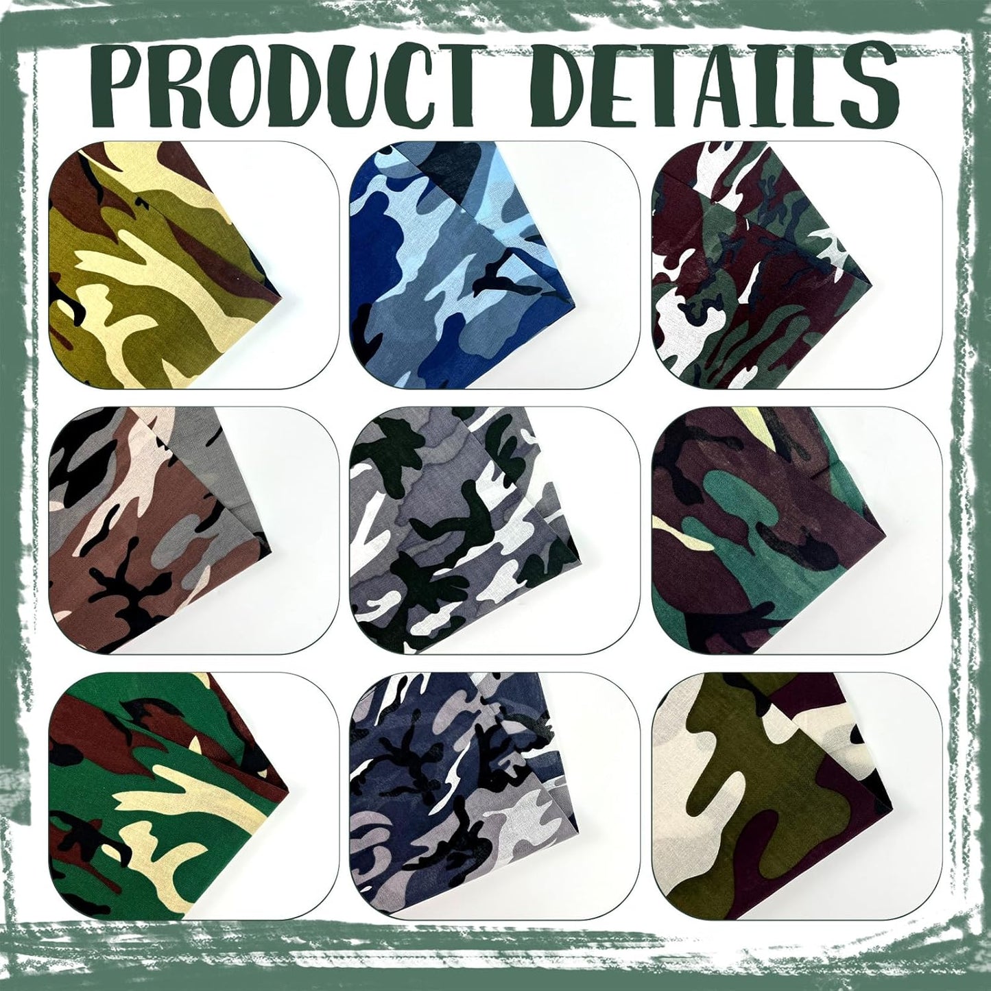 9 Pack Camo Bandanas Cotton Headwraps Wristband Sports Face Cover for Running Cycling Hiking, 22" × 22"