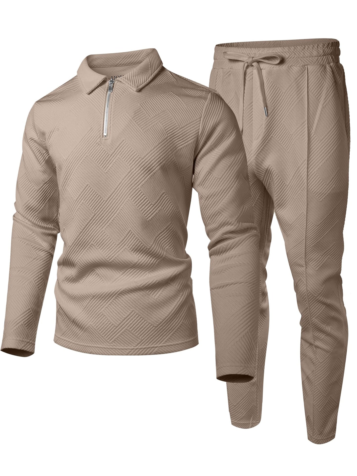 UOUA Mens 2 Piece Set Casual Outfits Polo Long Sleeve Shirt & Pants Track Suit Loungewear Athletic Sweatsuit