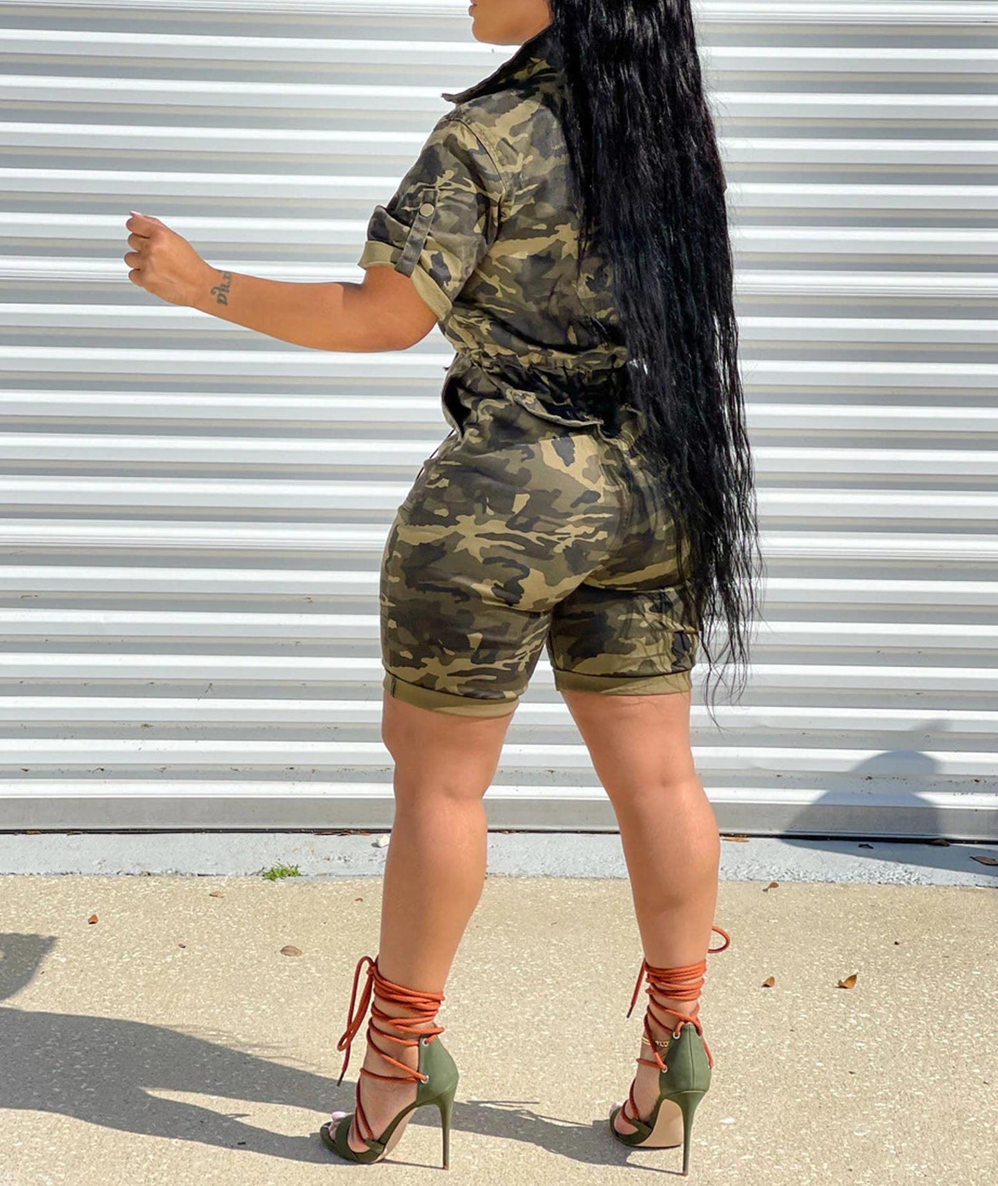 xxxiticat Women's Short Sleeve Military Playsuits High Waist Camo Button Down Rompers Camouflage One Piece Jumpsuit