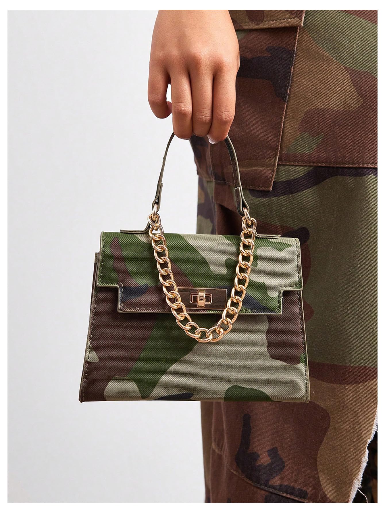 Women's Camo Flap Square Bags Chain Strap Top Handle Satchel Crossbody Bag