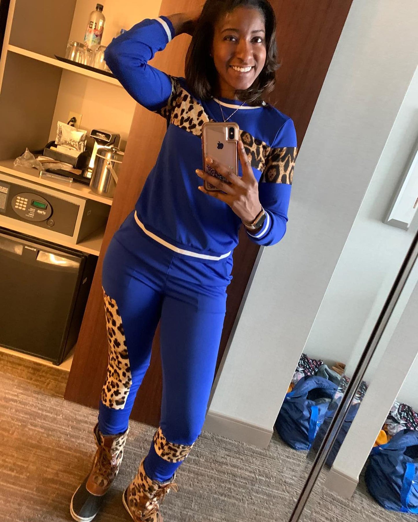 Alunzoem Womens Casual 2 Piece Outfits, Leopard Print Long Sleeve Top Pants Set Tracksuits