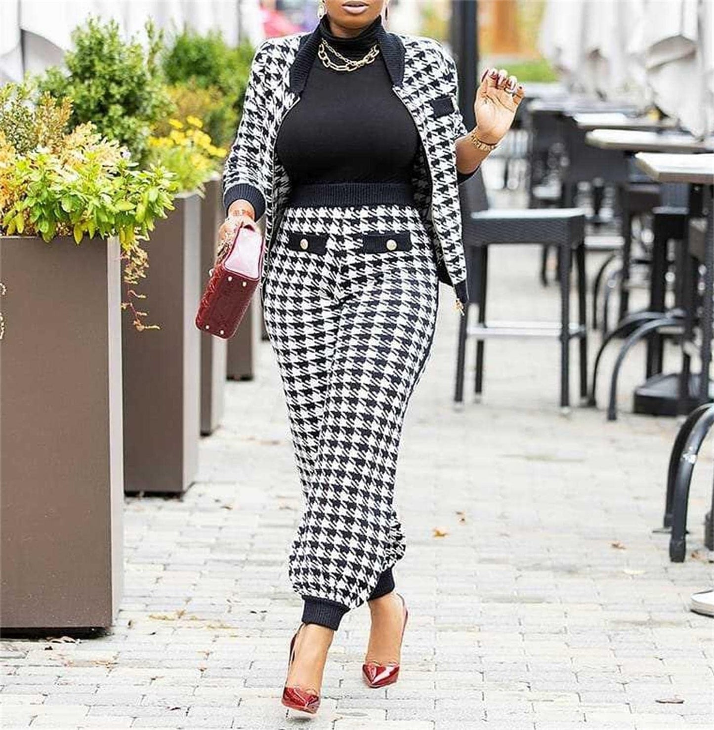 Lucuna Women's Sexy 2 Piece Club Outfits Open Front Blazer + Bodycon Pants Long Stockings Set