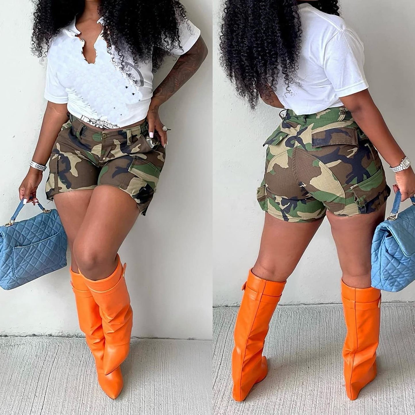 Vakkest Women's Camo Cargo Shorts Casual Trendy High Waisted Summer Joggers Camouflage Print Short Pants with Pockets