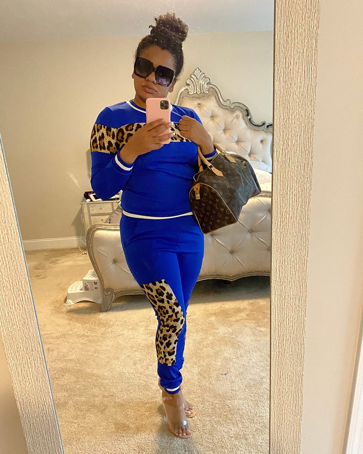 Alunzoem Womens Casual 2 Piece Outfits, Leopard Print Long Sleeve Top Pants Set Tracksuits