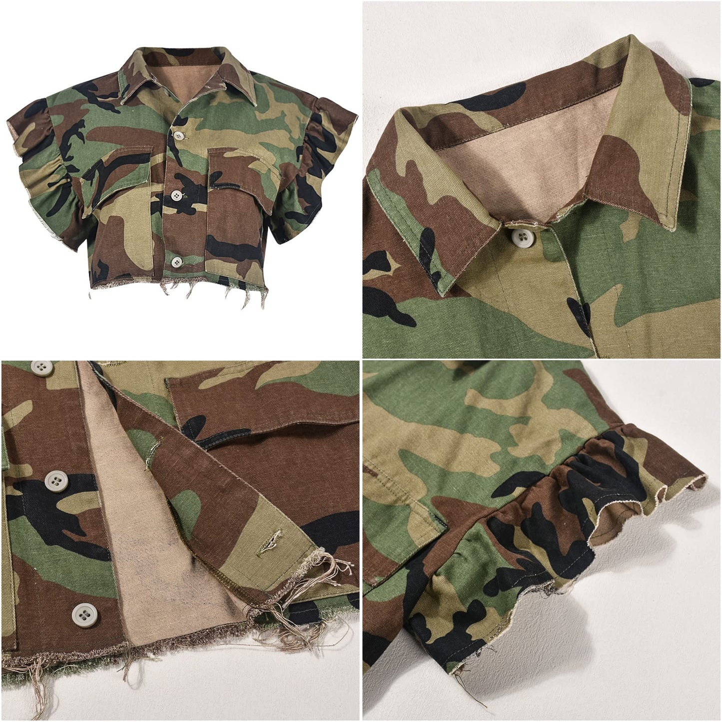 LETSVDO Women's Sexy Camo Halter Vest Backless Sleeveless Lapel V Neck Button Down Jean Crop Tank Top