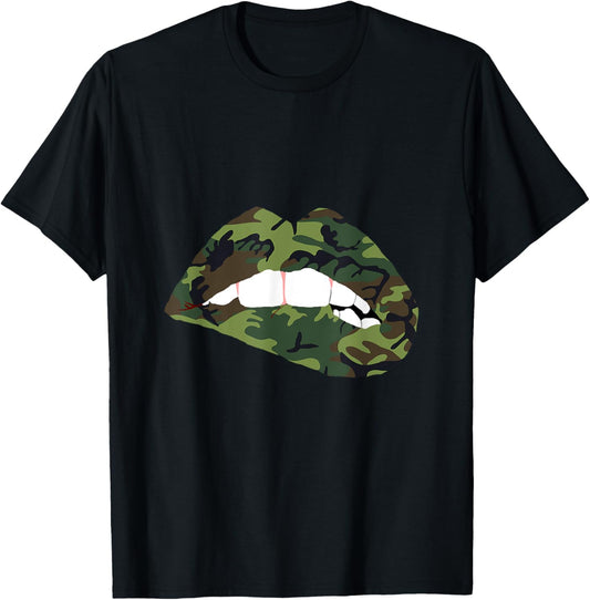 Camouflage Lips Mouth Military Kiss Me Biting Camo Kissing T-Shirt